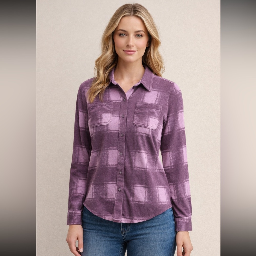 32 Degrees Heat Plaid Button-Up Knit Sweater Top Relaxed Fit